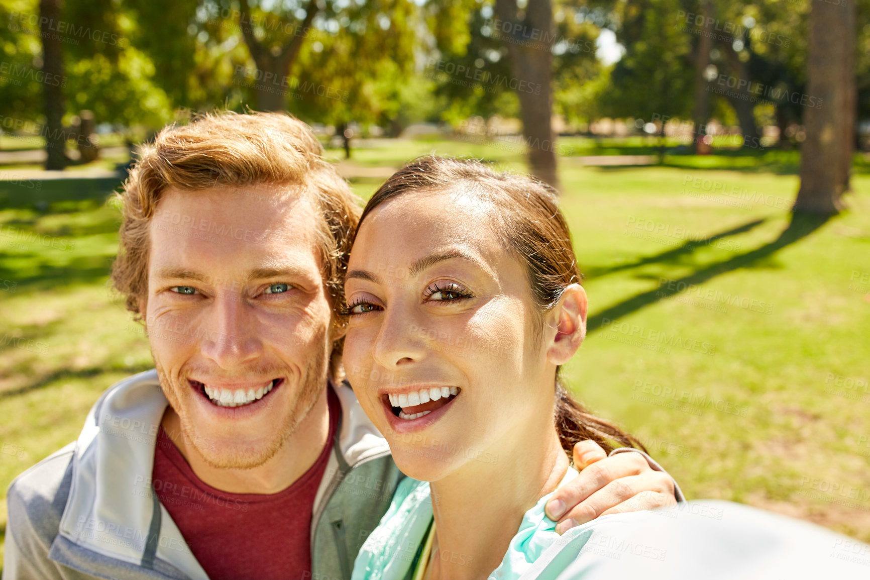 Buy stock photo Portrait, selfie and couple at park, fitness and connection with partner on break or profile picture. Outdoor, happy people and memory with spouse in nature, photography and laughing after exercise