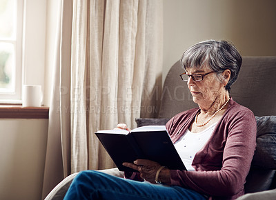Buy stock photo Shot of a senior woman writing in a notebook at home