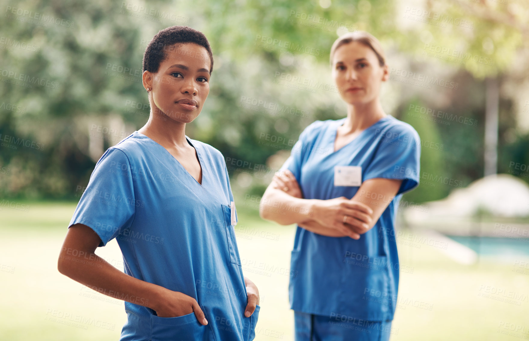 Buy stock photo Garden, nurse team and women at retirement home with volunteers for medical service, help and career. Portrait, people and nursing job for care, assisted living and about us at healthcare facility