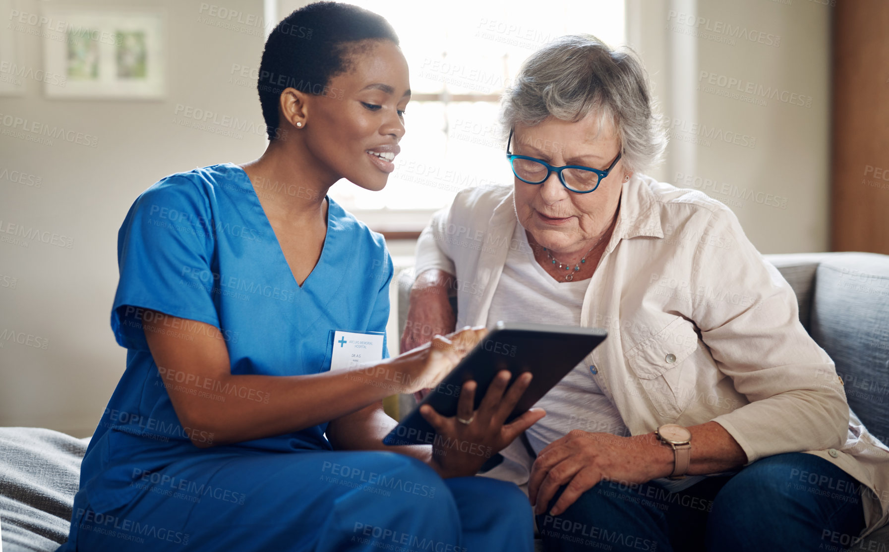 Buy stock photo Tablet, nurse and old woman in home for healthcare, homecare report or care plan update for wellness. Tech, patient and happy caregiver in house for medical information, consulting and retirement
