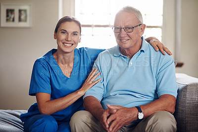 Buy stock photo Shot of a senior man being cared for by a young nurse at home