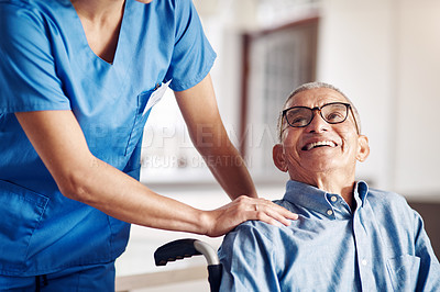 Buy stock photo Shot of a senior man in a wheelchair being cared for by a nurse at home