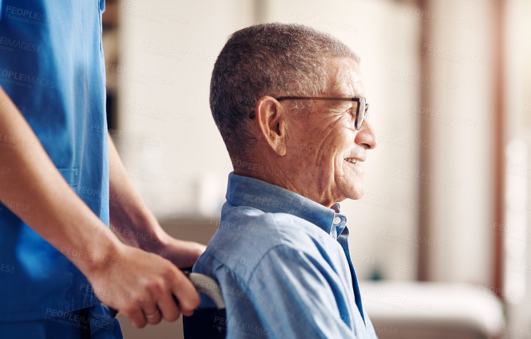 Buy stock photo Smile, nurse and old man on wheelchair in home, thinking and positive mindset for medical help. Caregiver, happy patient or person with disability, healthcare optimism and retirement perspective