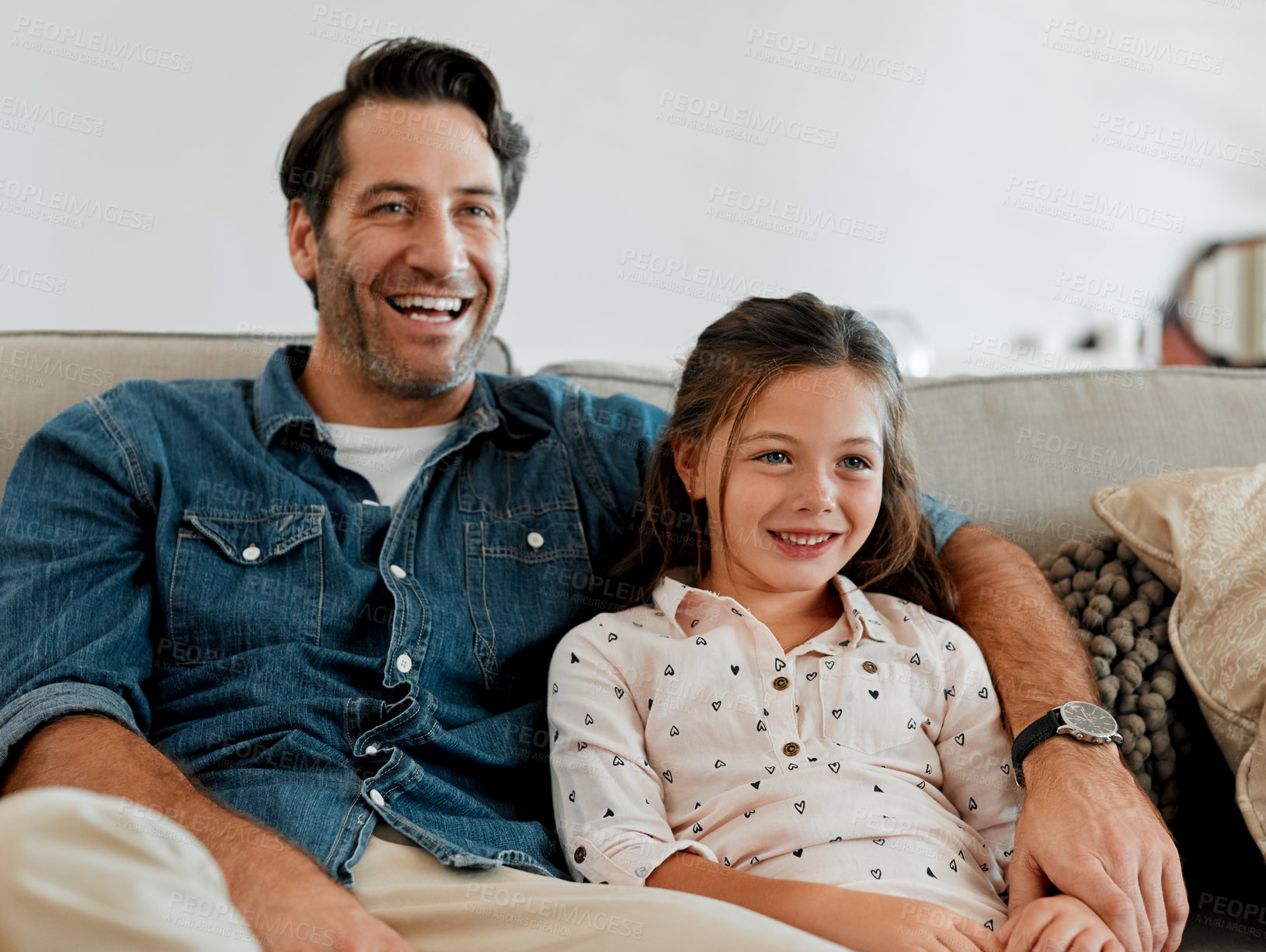 Buy stock photo Dad, laugh and watching tv with child in lounge, love and bonding with daughter on weekend in house. Family home, man and happy with girl, entertainment and streaming movie together in living room