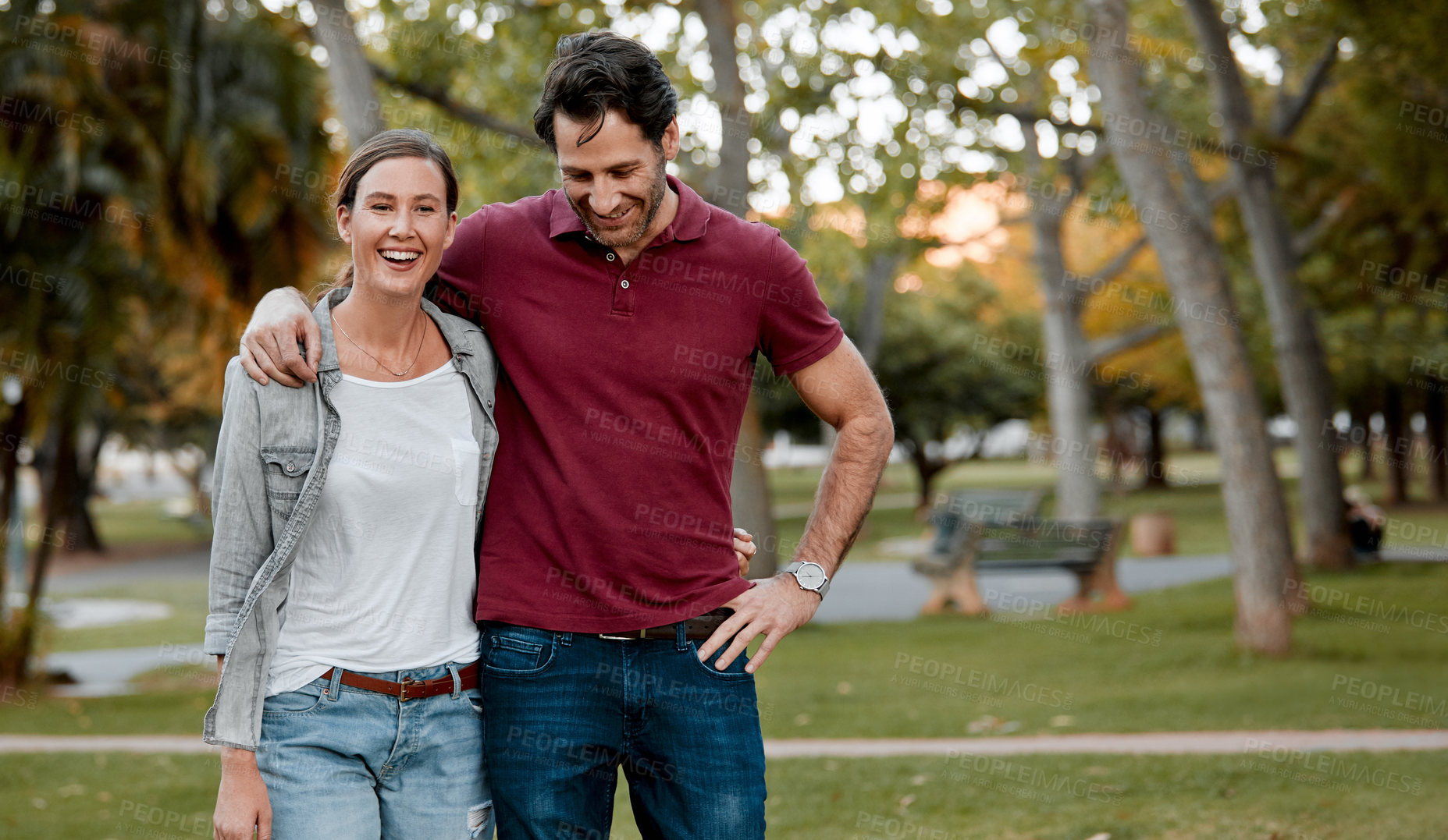 Buy stock photo Romance, hug and couple in park with smile, fresh air and partner connection on weekend break. Portrait, stroll and people with loving moment, bonding together and happy relationship on outdoor date.