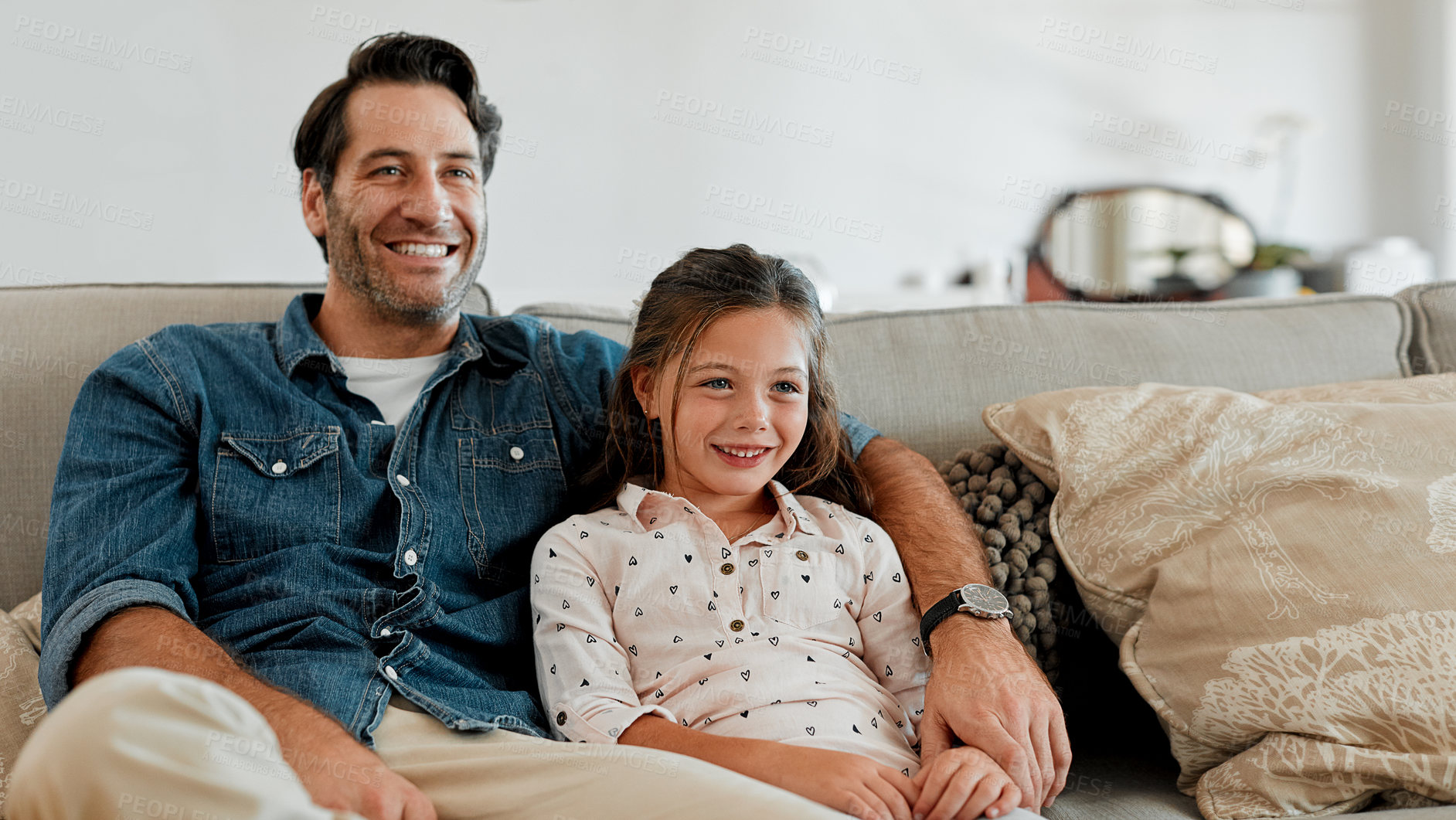 Buy stock photo Happy, dad and watching tv with child in lounge, love or bonding with daughter on weekend in house. Family home, man and girl with smile, entertainment and streaming movie together in living room
