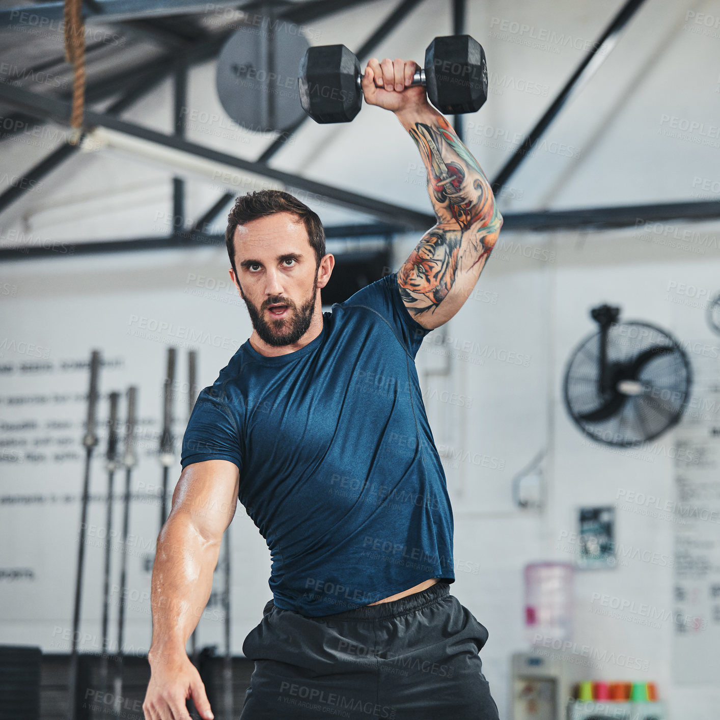 Buy stock photo Cropped shot of a handsome young male athlete working out with a dumbbell in the gym