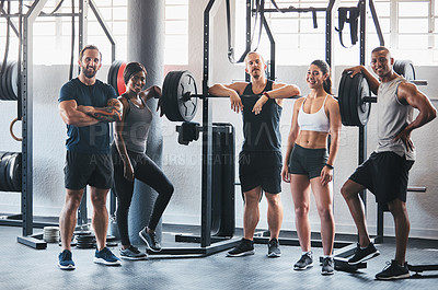 Buy stock photo Portrait of a group of young athletes standing together in the gym