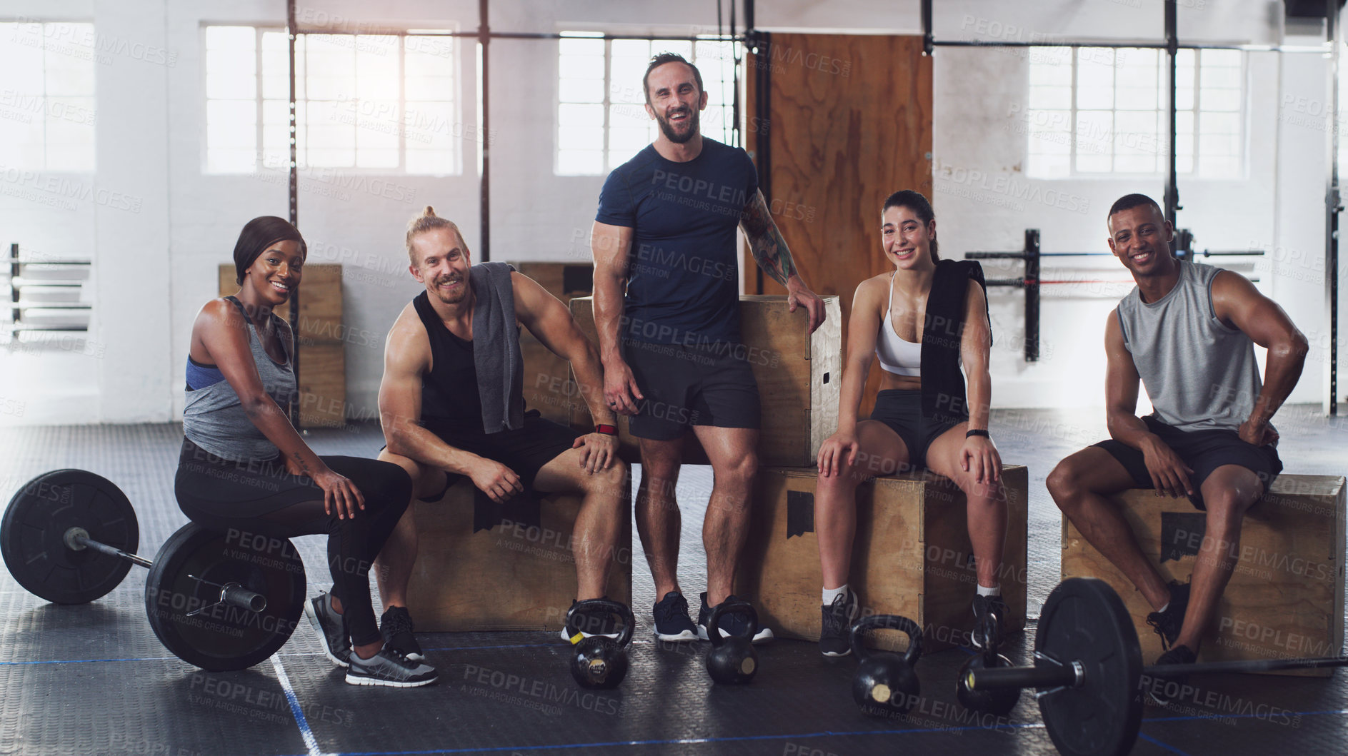 Buy stock photo Fitness, class and portrait of people in gym for personal trainer, workout rest and recovery. Smile, exercise and training group with friends in sports club for coaching, challenge and health
