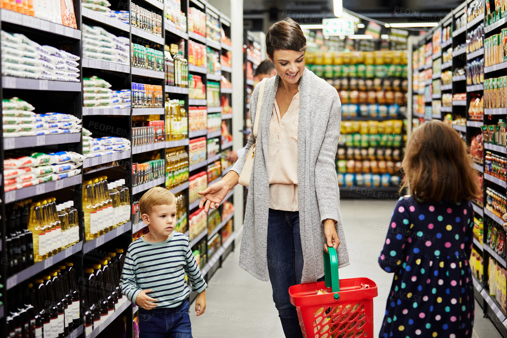 Buy stock photo Shopping, family and mom with children in grocery store for  for purchase, product and choice for sale. Retail, happy and parent with kids for discount, errand and deal for groceries in supermarket