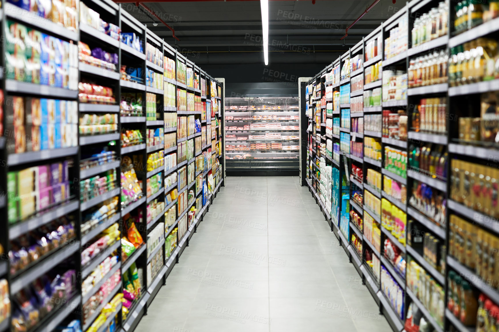 Buy stock photo Grocery, vegetables and empty room or aisle of supermarket for inflation, shopping and interior. Nutrition, food and shelves with checkout free store for consumer, cashierless and self service
