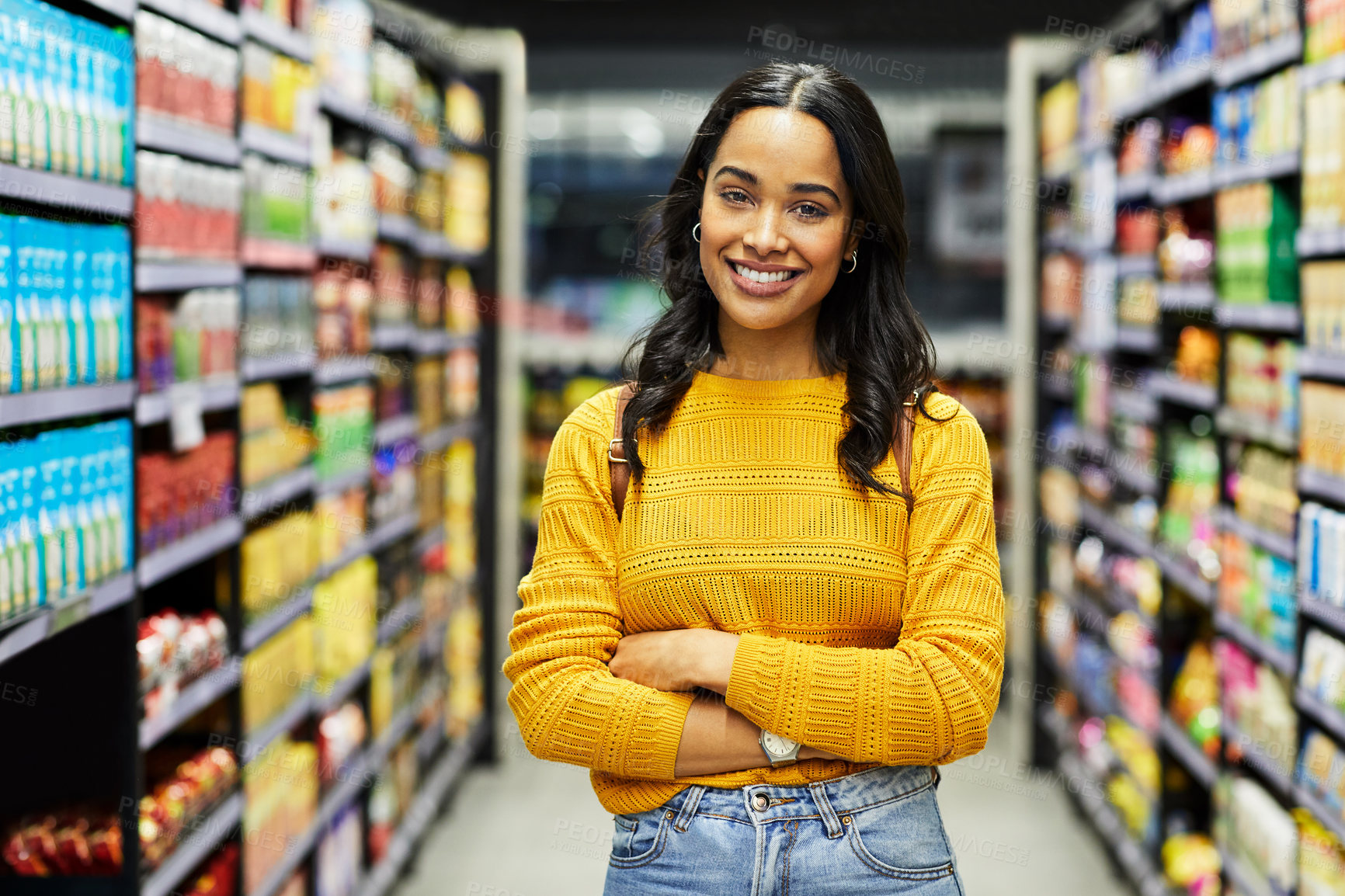 Buy stock photo Grocery, shopping and portrait with woman in supermarket for food shelves, savings and health sale. Budget, retail and smile with people or customer at store for discount, product and consumer