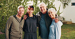 Portrait, exercise and senior people outdoor for bonding with fitness, active hobby and practice. Retirement, happy and couple of friends hug for wellness, health and training together in backyard