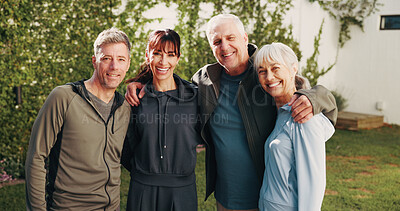 Buy stock photo Portrait, exercise and senior parents outdoor for fresh air, fitness and bonding in morning. Happy, family and people with mom, dad and embrace for love, wellness and training together for health