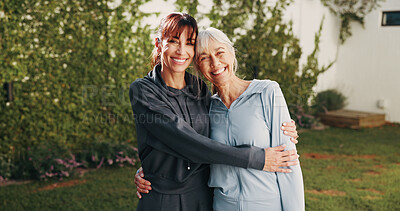 Buy stock photo Portrait, fitness and mature women outdoor for bonding with exercise, active and wellness in morning. Happy, friends and people hug for training together for health, wellbeing or mobility in backyard