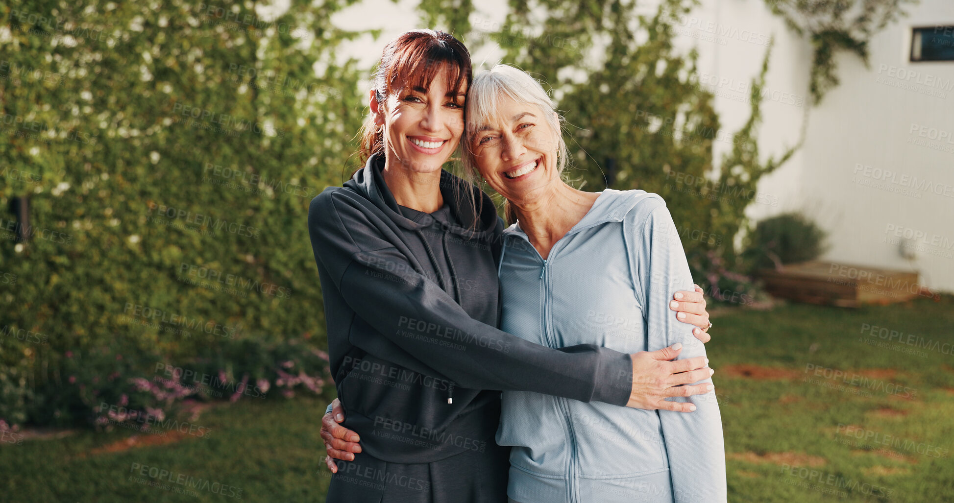 Buy stock photo Portrait, fitness and mature women outdoor for bonding with exercise, active and wellness in morning. Happy, friends and people hug for training together for health, wellbeing or mobility in backyard