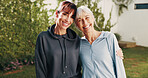 Portrait, fitness and senior mom with woman outdoor for bonding for exercise, active hobby and practice. Retirement, happy and mother and daughter together for wellness, health or support in backyard