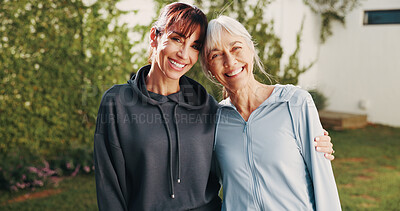 Buy stock photo Portrait, fitness and senior mom with woman outdoor for bonding for exercise, wellness and care. Retirement, happy and mother and daughter together for wellbeing, health and support in backyard