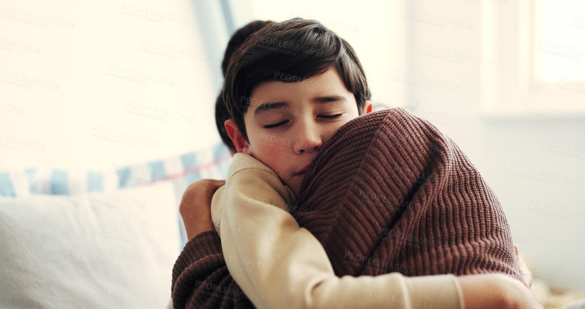 Buy stock photo Security, parent or son in house with hug, healthy relationship or bonding together in child growth. Support, safety or family with embrace, childcare or loving connection in childhood development.