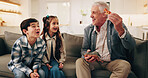 Toys, playing and grandfather with children on sofa for bonding, love and entertainment for visit. Family, playful and kids with grandpa for fun childhood, games and laugh with dinosaurs on weekend