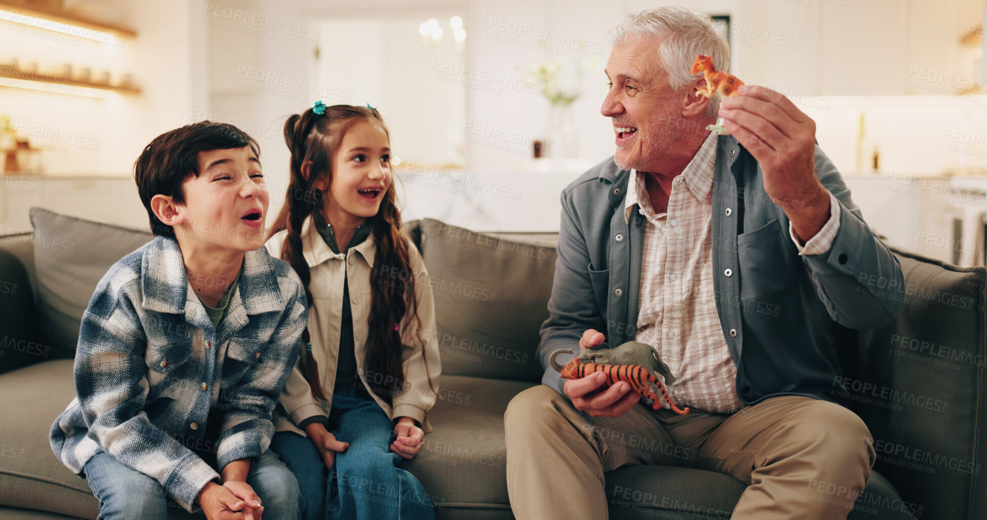 Buy stock photo Toys, playing and grandfather with children on sofa for bonding, love and entertainment for visit. Family, playful and kids with grandpa for fun childhood, games and laugh with dinosaurs on weekend