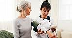Caregiver, woman and bed with blood pressure machine for health exam, checkup or elderly care. Senior, female person or healthcare worker monitoring patient with arm strap for hypertension in house