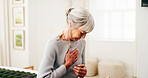 Elderly, woman or home with chest pain for cardiac arrest, respiratory infection or disease. Senior, female person or patient breathing with heart ache, chronic stress or high blood pressure in house