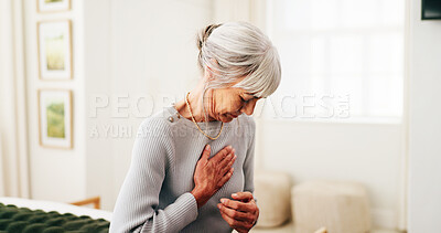 Buy stock photo Elderly, woman or home with chest pain for cardiac arrest, respiratory infection or disease. Senior, female person or patient with heart attack or chronic stress for high blood pressure in house