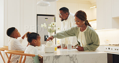 Buy stock photo Happy, parents and children in kitchen for breakfast, meal and start day together in morning. Family, home and African mom, dad and kids with food for health, wellness and nutrition for growth