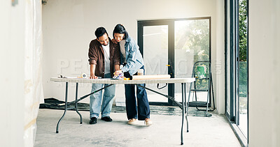 Buy stock photo DIY, home improvement and renovation with couple at table for discussion or project planning. Conversation, investment and real estate with people in new house for construction or interior design