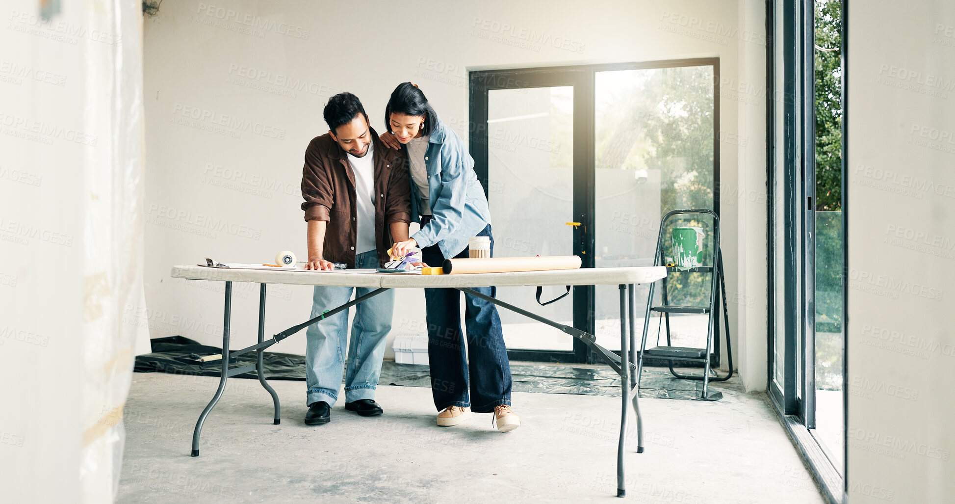 Buy stock photo DIY, home improvement and renovation with couple at table for discussion or project planning. Conversation, investment and real estate with people in new house for construction or interior design