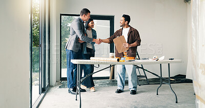 Buy stock photo Couple, architect and handshake with homeowner in agreement, deal and planning at construction site. Happy people, realtor welcome and shaking hands for remodeling, expansion or building dream home