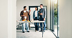 Designer, architect and discussion with partner in agreement, deal and planning at construction site. People, client collaboration and conversation for teamwork, expansion or building remodeling