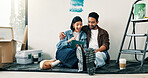 Home improvement surprise and tablet with couple on floor for discussion or project planning. Conversation, real estate app and wow with people in new house for construction or interior design