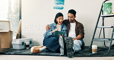 Buy stock photo Home improvement surprise and tablet with couple on floor for discussion or project planning. Conversation, real estate app and wow with people in new house for construction or interior design