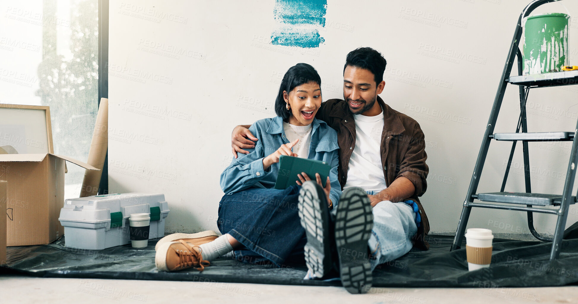 Buy stock photo Home improvement surprise and tablet with couple on floor for discussion or project planning. Conversation, real estate app and wow with people in new house for construction or interior design