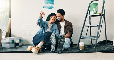 Buy stock photo Remodeling, happy and couple in home with key, investment and fresh start in dream house. Real estate, purchase or people with renovation, property success or moving achievement for new homeowners.