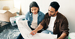 Blueprint, DIY and home improvement with couple on floor for discussion or project planning. Conversation, investment and renovation with happy people in new house for construction or interior design