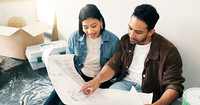 Buy stock photo Blueprint, DIY and home improvement with couple on floor for discussion or project planning. Conversation, building plan and renovation with happy people in new house for layout or interior design