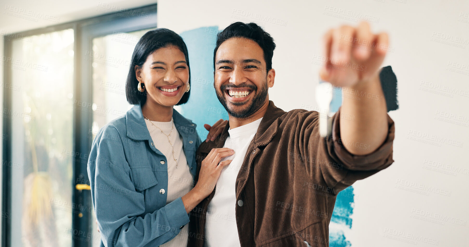 Buy stock photo Real estate, portrait or couple in home with key, investment or fresh start with house remodeling. Property, renovation or people with purchase, housing success or moving achievement for homeowners.