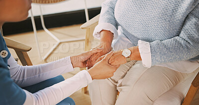 Buy stock photo Comfort, nurse or old woman in home with holding hands, understanding or empathy in senior care. Compassion, caregiver or elderly person with security, patient support or connection in retirement.