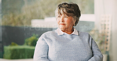 Buy stock photo Thinking, memory and senior woman in home with nostalgia, contemplating and past vision. Retirement, serious person and reflection in house with perspective, mindset and introspection by window