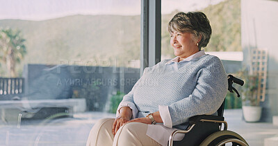 Buy stock photo Planning, window and senior woman in wheelchair at house with nostalgia, reflection or positive memory. Happy, rehabilitation and elderly person with disability in home with thinking by space.