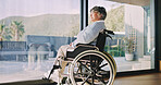 Reflection, window and senior woman in wheelchair at house with nostalgia, thinking or positive memory. Ideas, rehabilitation and elderly person with disability in home with planning day on break.