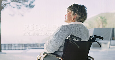 Buy stock photo Thinking, retirement and woman in wheelchair outdoor with recovery hope, contemplating and vision. Memory, elderly and person with disability, reflection and perspective in rehabilitation with space