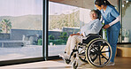 Elderly, nurse and woman with wheelchair in home for assisted living, healthcare or mobility. Caregiver, health worker or helping female person with a disability for senior care or movement in house