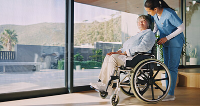 Buy stock photo Elderly, nurse and woman with wheelchair in home for assisted living, healthcare or mobility. Caregiver, health worker or helping female person with a disability for senior care or movement in house