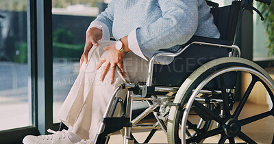 Buy stock photo Senior, woman and knee pain with wheelchair in home for leg injury, joint inflammation or recovery. Elderly, patient or female person with a disability for accident, mobility or healthcare in house