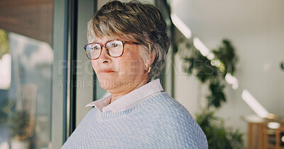 Buy stock photo Thinking, home and senior woman by window with flashback, contemplating and vision with past memory. Retirement, serious person and reflection in house with perspective, mindset and introspection