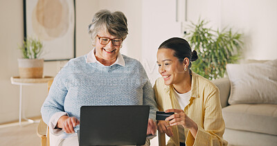 Buy stock photo Debit card, old woman or daughter in house with laptop, checkout help or eft transaction in senior care. Support, elderly parent or person with tech, online payment or cashless purchase in retirement